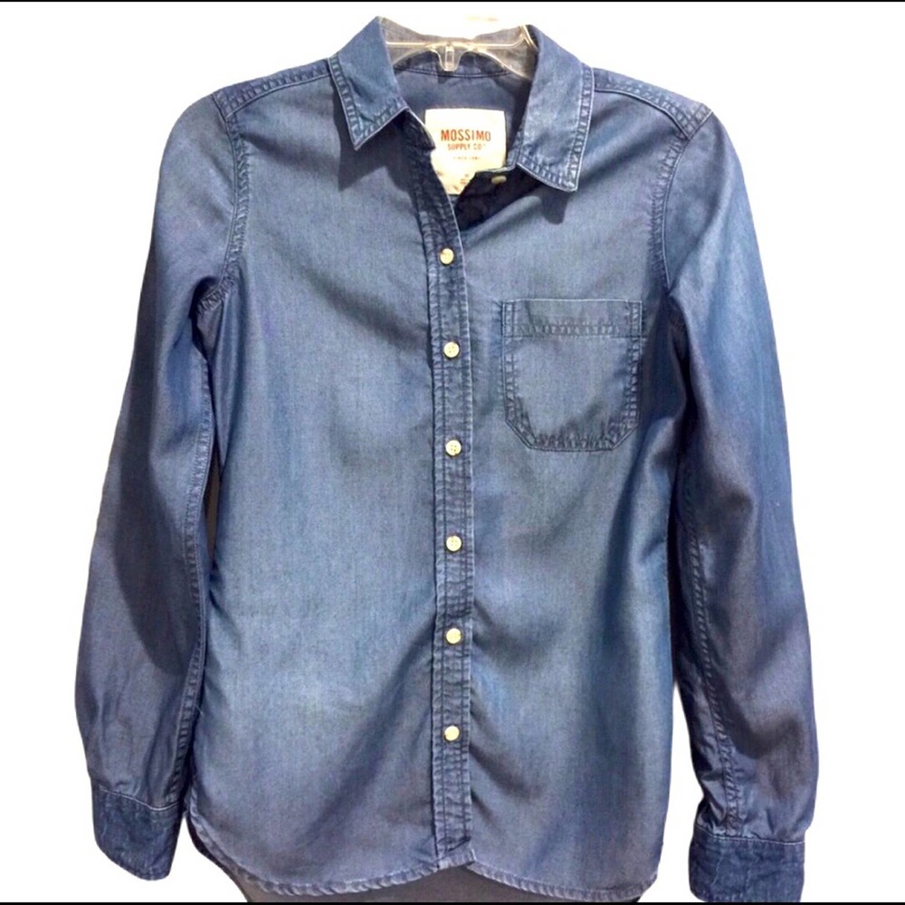 Dark Wash Denim Button Up Shirt Sz XS